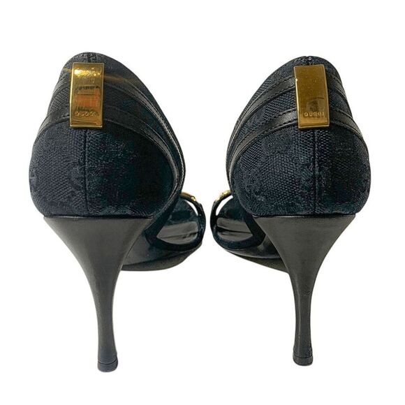 Gucci Black Monogram D’Orsay Heels Size 37C Gold Horsebit Chain Detail Authentic - Picture 8 of 12